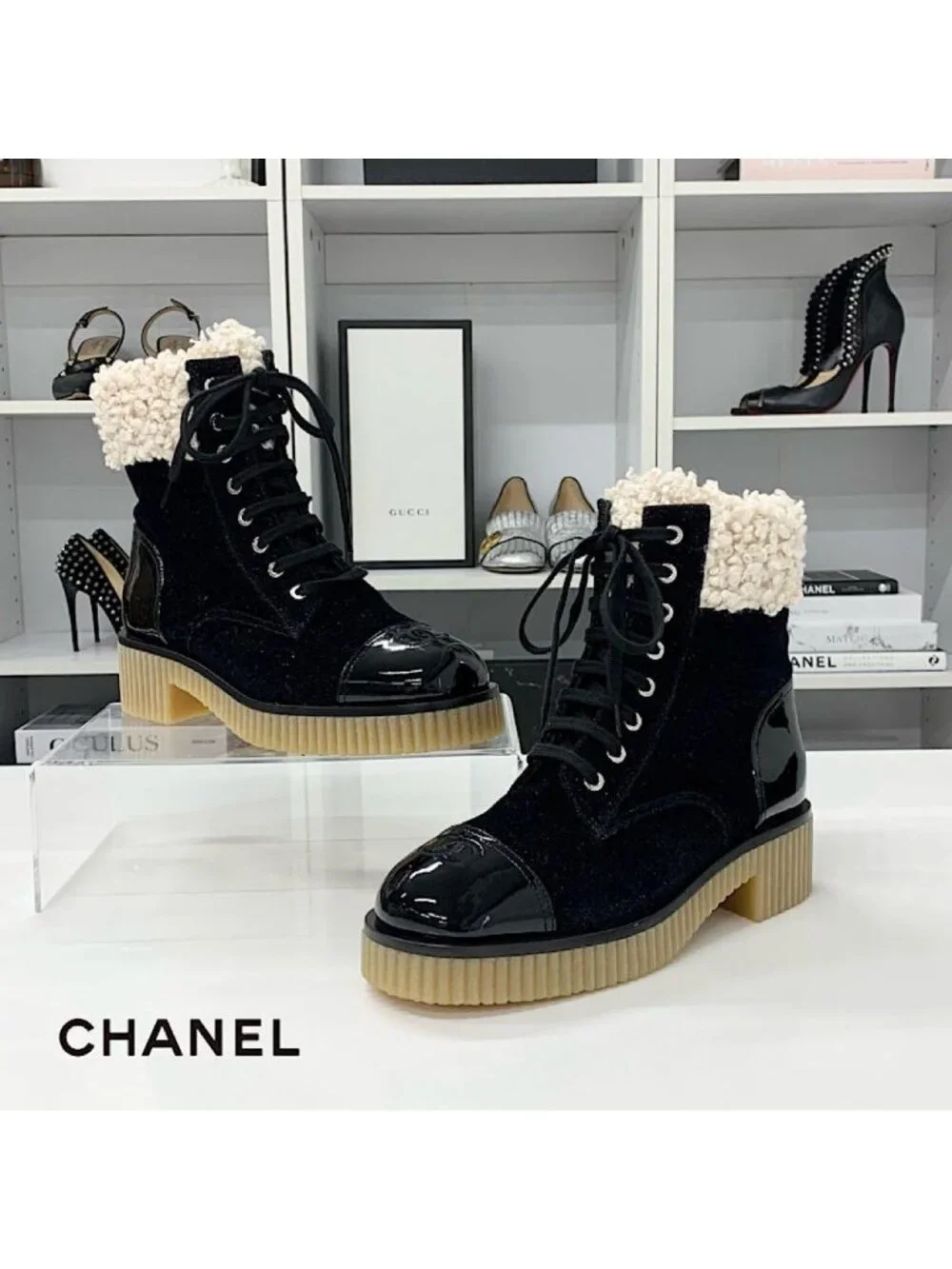 Chanel CC Logo Fabric Patent Fleece Short Boots
